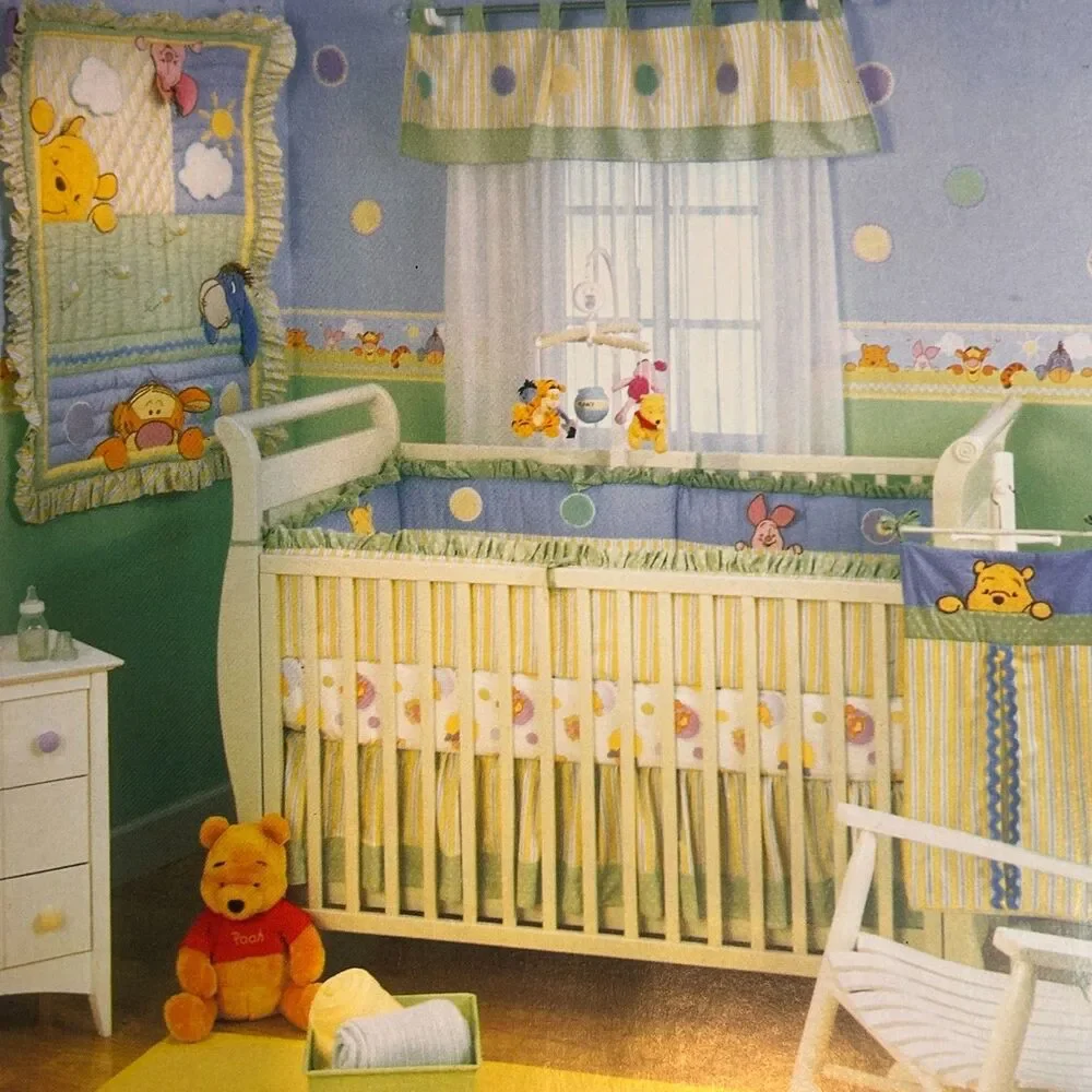 Vintage Disney Peek a Pooh Boo 3 Piece Crib Set Quilted Comforter Sheet Ruffle